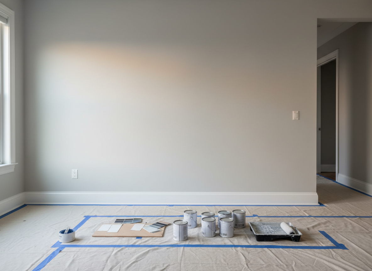 A freshly painted, light-gray living room wall with crisp, clean white trim, showcasing perfectly smooth coverage and sharp tape lines, stands as the main subject. A neatly covered hardwood floor with tightly taped drop cloths extends toward a large window, where a row of closed paint cans, color swatches, and a neatly arranged paint tray sit in the foreground. Soft afternoon natural light pours through the window, creating gentle reflections on the satin wall finish and subtle shadows along the baseboards. Photographic realism, eye-level composition, and a moderate depth of field keep the wall in sharp focus while gently blurring the distant hallway. The mood is professional, calm, and trustworthy, conveying meticulous workmanship and a polished, ready-to-enjoy interior.
