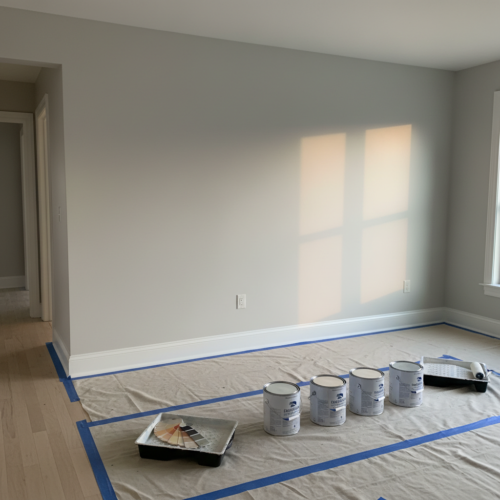 A freshly painted, light-gray living room wall with crisp, clean white trim, showcasing perfectly smooth coverage and sharp tape lines, stands as the main subject. A neatly covered hardwood floor with tightly taped drop cloths extends toward a large window, where a row of closed paint cans, color swatches, and a neatly arranged paint tray sit in the foreground. Soft afternoon natural light pours through the window, creating gentle reflections on the satin wall finish and subtle shadows along the baseboards. Photographic realism, eye-level composition, and a moderate depth of field keep the wall in sharp focus while gently blurring the distant hallway. The mood is professional, calm, and trustworthy, conveying meticulous workmanship and a polished, ready-to-enjoy interior.