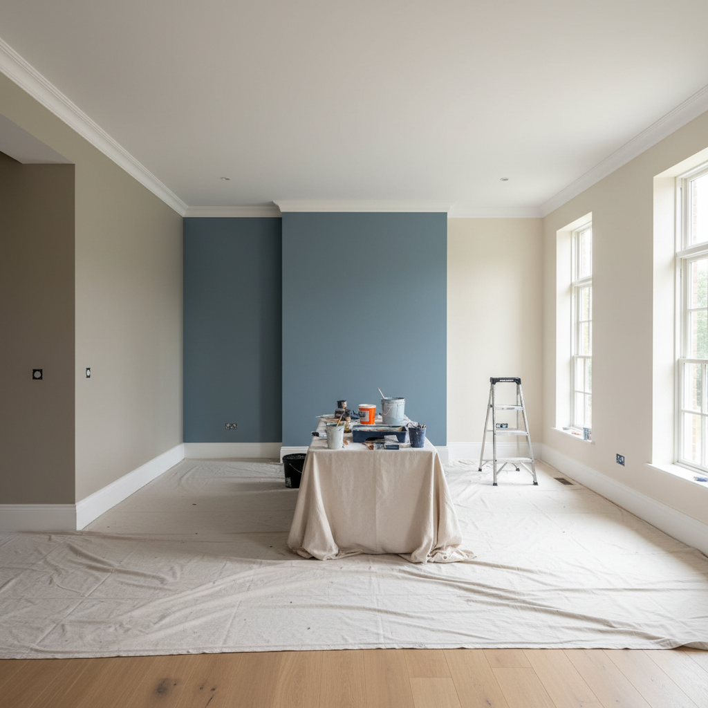 A crisp, photographic realism interior scene of a modern, open-plan dining area mid-renovation, where three separate walls each display different finished paint colors: a soft greige, a muted slate blue, and a warm off-white accent. The transitions between colors are razor-sharp and perfectly aligned with clean white crown molding and baseboards. The hardwood floor is fully protected by expertly placed canvas drop cloths with no wrinkles or gaps. Bright, natural daylight floods in through tall windows, producing even illumination and making the paint tones appear rich yet true-to-life. Captured from a corner at a wide angle, with sharp focus and minimal distortion, the composition conveys a professional, thoughtfully planned repaint that emphasizes versatility, precision, and the transformative power of color.