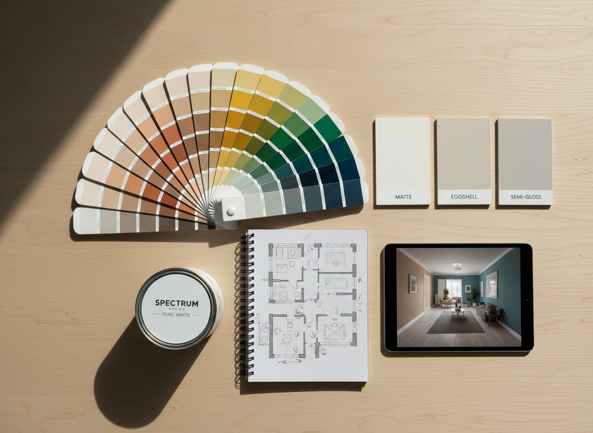 A well-organized color consultation scene on a smooth, light-wood tabletop, showcasing a large fan deck of paint swatches fanned out in a gradient from warm neutrals to bold accent colors. Nearby, several labeled sample boards display different finishes—matte, eggshell, and semi-gloss—each with subtle texture and realistic reflectivity. A notepad with neatly sketched room layouts and a tablet displaying a digital room mockup rest alongside a single closed paint can with a clean, modern label. Gentle, indirect daylight streams from the side, creating soft shadows and a professional, considered atmosphere. Photographic realism, a top-down, bird’s-eye composition, and sharp focus throughout highlight the clarity of choice and transparent planning process for interior and exterior painting projects.