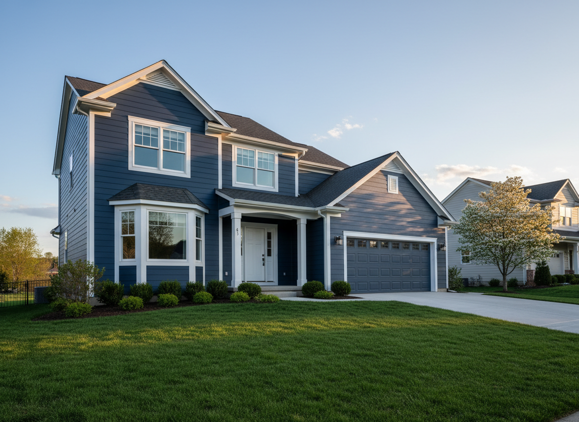 A two-story suburban home with freshly painted, smooth siding in a rich, modern navy blue and bright white trim is the main focus, with every edge and corner appearing crisp and uniform. The house is framed by a clean driveway and a modestly landscaped front yard with trimmed shrubs and a neatly mowed lawn. Warm golden hour sunlight bathes the facade, emphasizing the even sheen of the exterior paint and casting long, soft shadows across the siding. Captured from a slightly low angle with photographic realism, the composition uses the rule of thirds, placing the house off-center to reveal a bright, inviting sky. The atmosphere feels reliable and aspirational, highlighting professional exterior painting quality and curb appeal transformation.