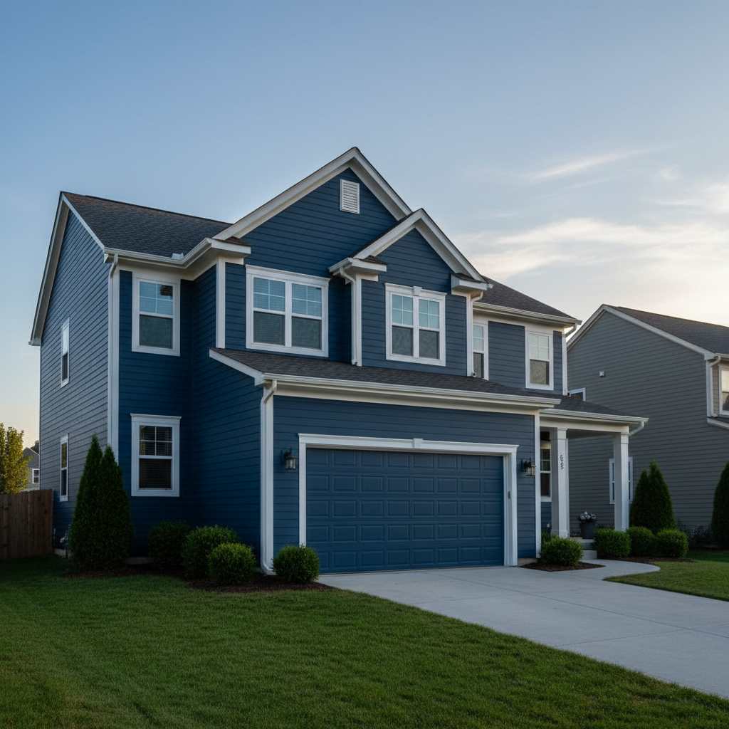 A two-story suburban home with freshly painted, smooth siding in a rich, modern navy blue and bright white trim is the main focus, with every edge and corner appearing crisp and uniform. The house is framed by a clean driveway and a modestly landscaped front yard with trimmed shrubs and a neatly mowed lawn. Warm golden hour sunlight bathes the facade, emphasizing the even sheen of the exterior paint and casting long, soft shadows across the siding. Captured from a slightly low angle with photographic realism, the composition uses the rule of thirds, placing the house off-center to reveal a bright, inviting sky. The atmosphere feels reliable and aspirational, highlighting professional exterior painting quality and curb appeal transformation.