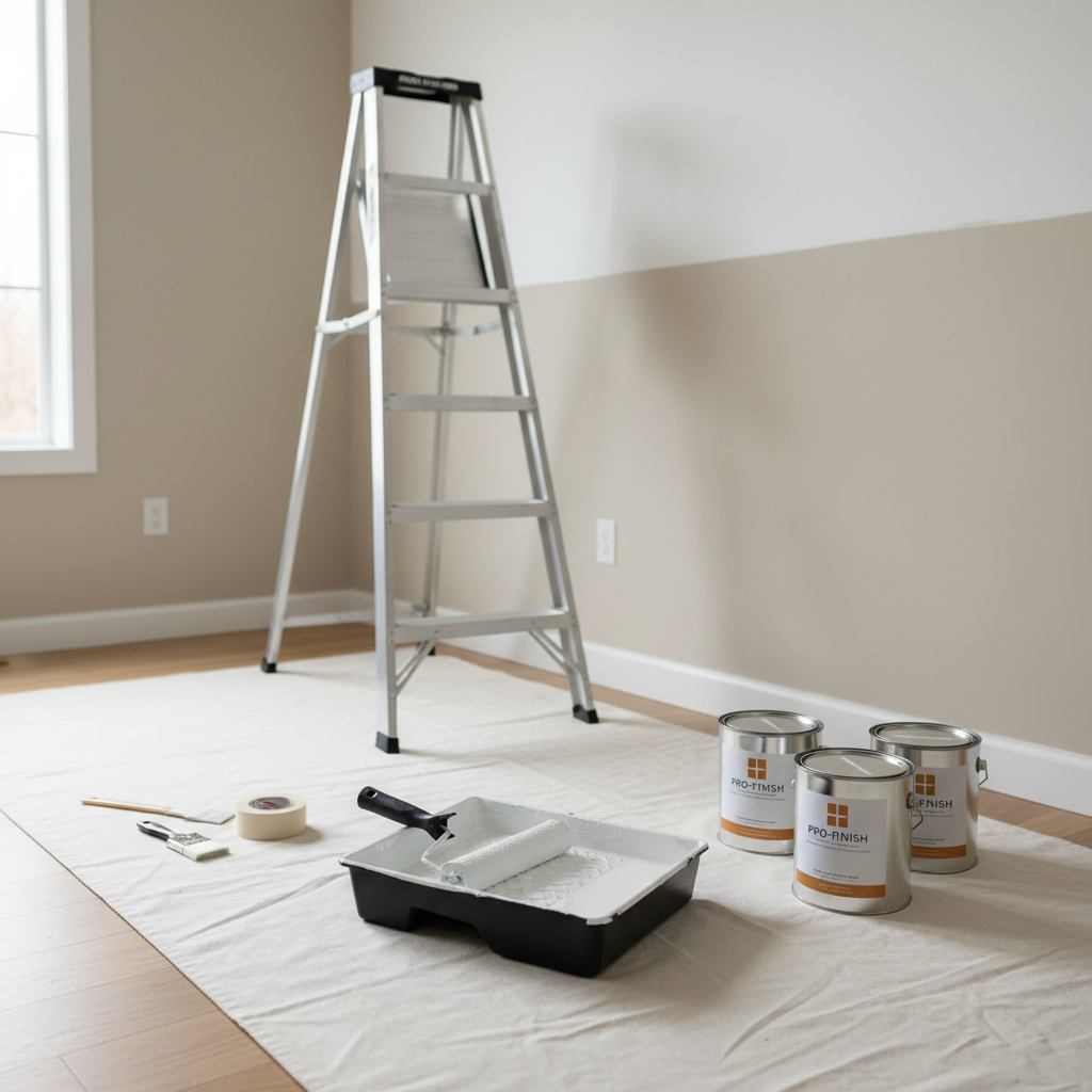 A close-up, photographic realism view of a professional painting setup inside a neutral-toned room, with a pristine, heavy-duty aluminum ladder positioned beside a partially painted wall transitioning from beige to a clean, modern white. At the base, a neatly arranged plastic paint tray filled with creamy white paint rests on a perfectly laid canvas drop cloth, beside a roller with even coverage and several high-quality, neatly branded paint cans with closed lids. Soft, diffused daylight filters in from an unseen window, creating a bright, evenly lit workspace with minimal shadows. Shot from a slightly elevated angle, the composition emphasizes order, precision, and readiness, with a calm, organized atmosphere that communicates meticulous preparation and professional standards in residential painting.
