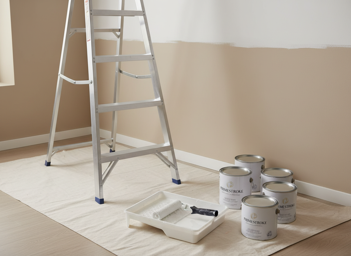 A close-up, photographic realism view of a professional painting setup inside a neutral-toned room, with a pristine, heavy-duty aluminum ladder positioned beside a partially painted wall transitioning from beige to a clean, modern white. At the base, a neatly arranged plastic paint tray filled with creamy white paint rests on a perfectly laid canvas drop cloth, beside a roller with even coverage and several high-quality, neatly branded paint cans with closed lids. Soft, diffused daylight filters in from an unseen window, creating a bright, evenly lit workspace with minimal shadows. Shot from a slightly elevated angle, the composition emphasizes order, precision, and readiness, with a calm, organized atmosphere that communicates meticulous preparation and professional standards in residential painting.