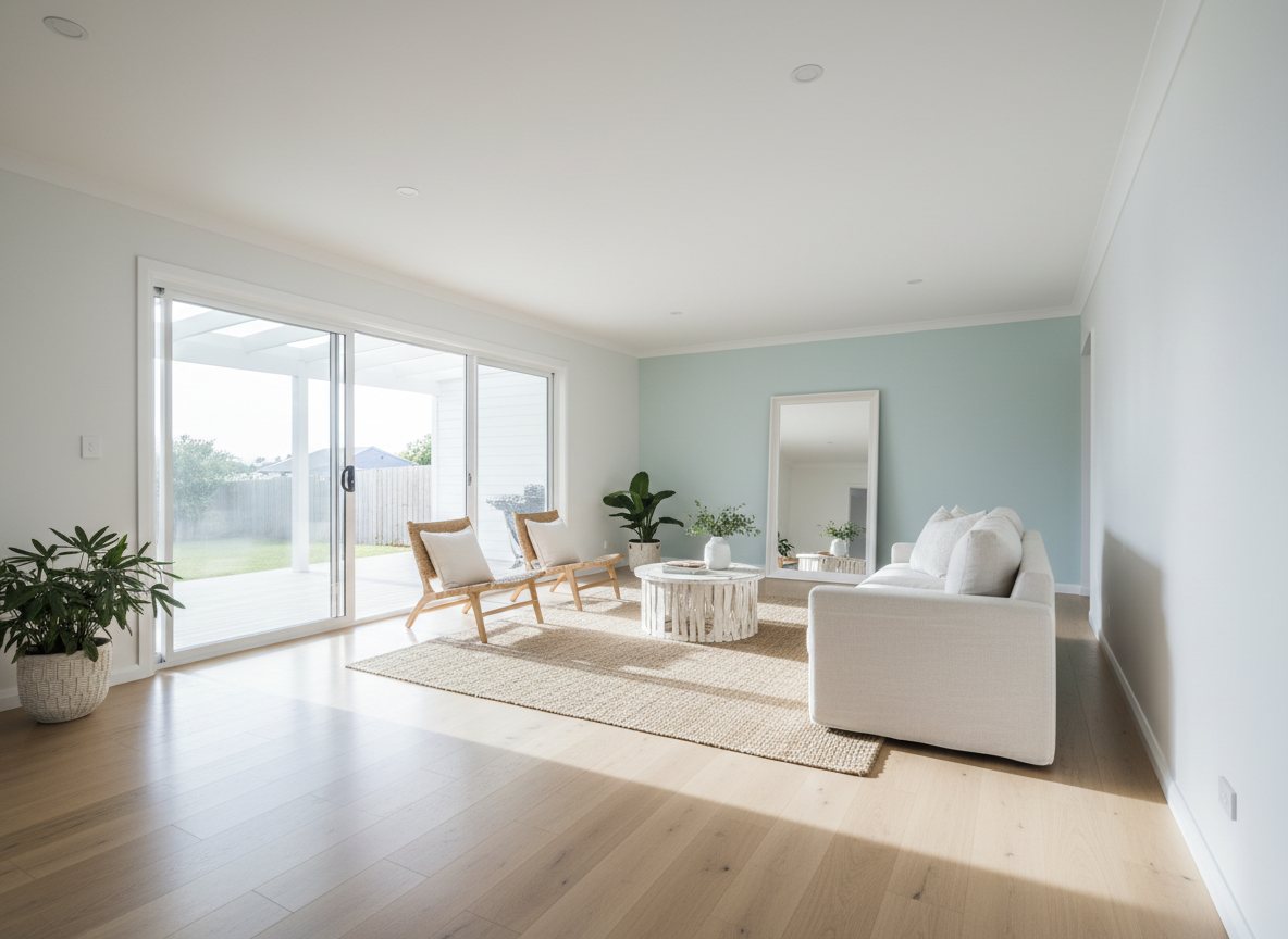 An elegant coastal-style interior typical of Western Australia, with walls painted in a soft, cool white that reflects natural light, paired with a single pale aqua feature wall that suggests ocean tones. Large sliding glass doors open to a sunlit patio, allowing bright but diffused mid-morning sunlight to flood the room, creating gentle reflections on the low-sheen paint finish. Light oak flooring and simple, neutral furnishings ensure the focus remains on the flawless paintwork. Captured in photographic realism from a wide, slightly diagonal perspective, the composition leads the eye along the length of the room, conveying an airy, relaxed yet professional atmosphere ideal for a premium residential painting service.