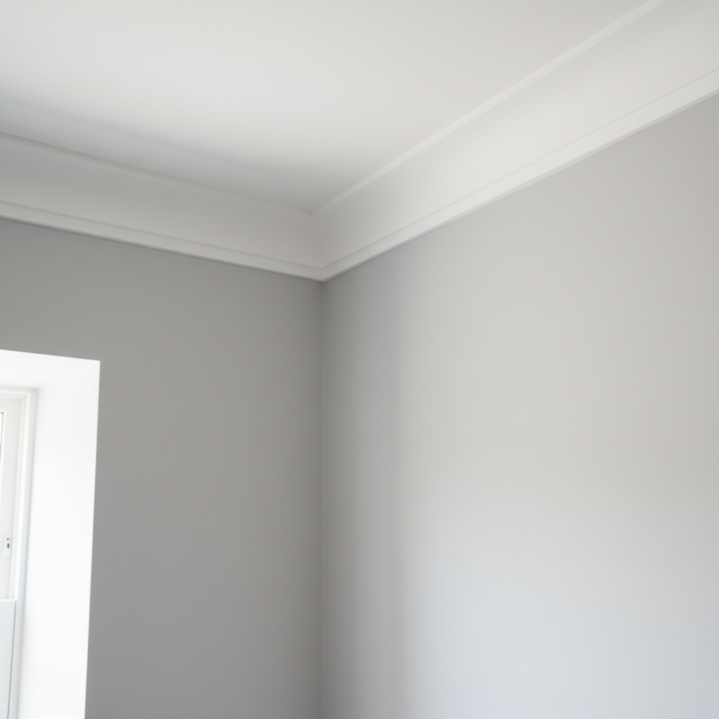 A close-up, photographic realism shot of a perfectly painted interior corner where a matte light grey wall meets a bright white ceiling and crisp white cornice. The paint lines are razor sharp, with no overlap or drips, highlighting meticulous professional technique. The subtle texture of the plaster is visible beneath the smooth paint layers, illuminated by diffused natural daylight entering from an unseen window, creating soft gradients of tone. Captured at a slight upward angle with shallow depth of field, the main focus is on the junction of wall and ceiling, while the background gently blurs. The mood is clean, precise, and professional, underscoring attention to detail for high-end residential painting services.
