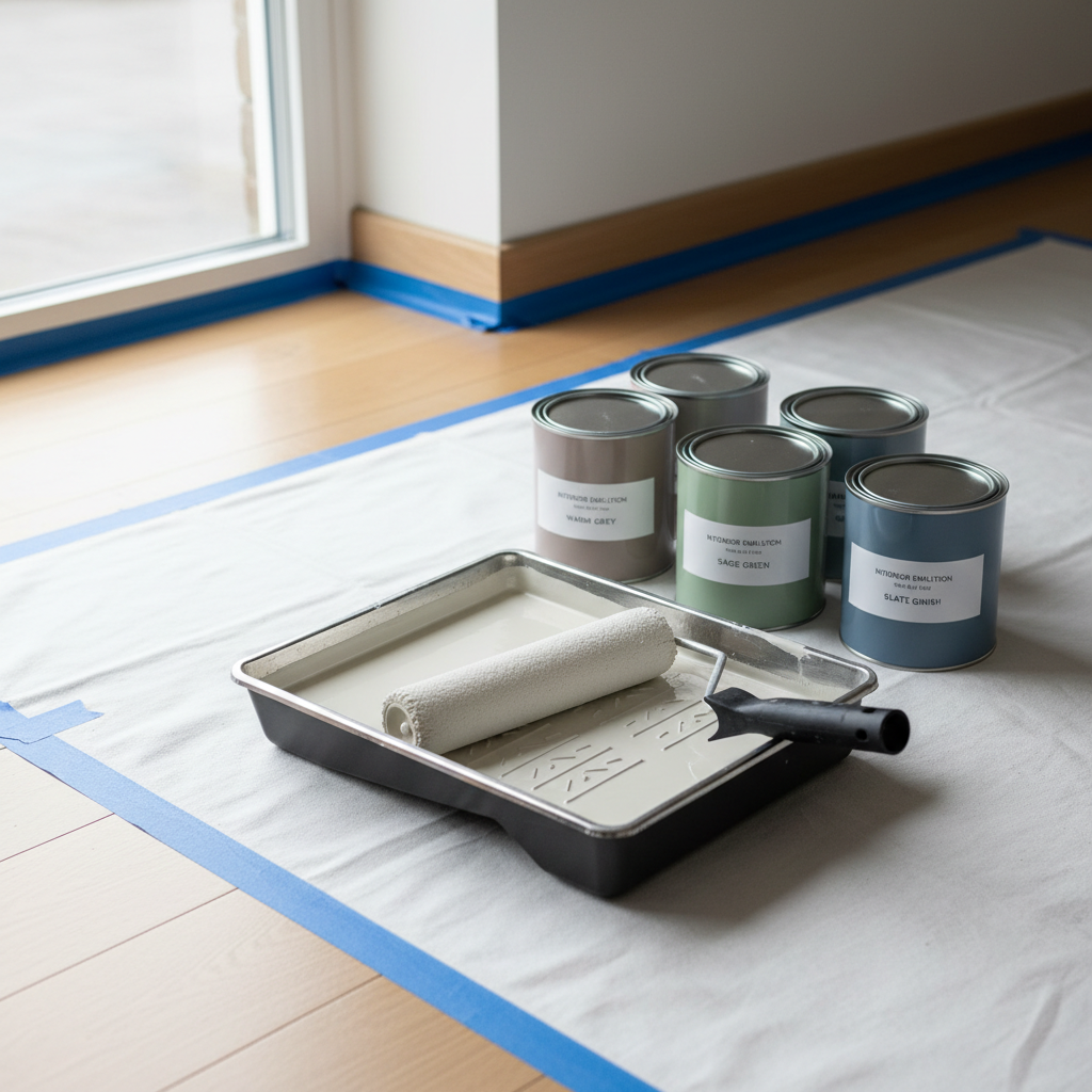 A neat, well-organised painter’s setup in photographic realism, featuring a high-quality metal paint tray filled with smooth, creamy off-white paint, a freshly loaded roller with uniform coverage, and several clean, labelled paint tins in muted contemporary colours such as warm greys and soft greens. The tools rest on a spotless, neatly taped drop sheet over polished timber flooring near a skirting board freshly taped with blue painter’s tape. Soft overcast natural light from a nearby window creates even, shadowless illumination, showcasing the textures of the roller nap and paint surface. Shot from a slightly elevated angle, the composition is balanced and minimal, evoking professionalism, preparedness, and reliability for interior painting projects.