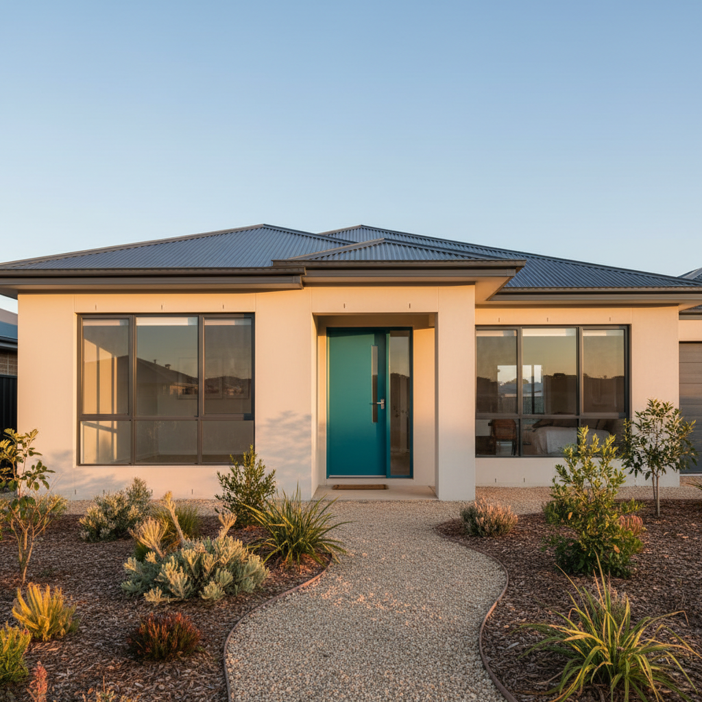 An exterior view of a neatly painted contemporary single-storey home in Western Australia, with smooth rendered walls in a warm light sandstone colour and contrasting deep charcoal trim around windows and gutters. The front door is painted a rich, welcoming teal, its semi-gloss finish subtly reflecting the soft golden hour sunlight. The sky is clear with a hint of late-afternoon warmth, creating clean, natural highlights on the façade and soft shadows under the eaves. The house is framed by a tidy, low-maintenance garden with native plants and a light gravel path. Shot from a slightly elevated angle in photographic realism, the composition emphasizes craftsmanship, curb appeal, and a professional, trustworthy mood.