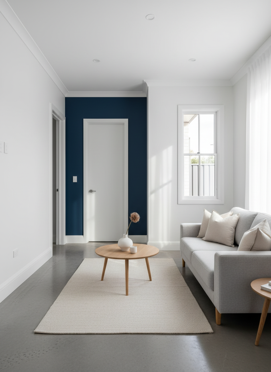 A freshly painted modern living room interior in photographic realism, featuring smooth, perfectly coated matte white walls with one bold navy blue accent wall. The clean skirting boards and crisp, razor-straight cutting-in lines around door frames and window trims showcase professional workmanship. The room is minimally furnished with neutral-toned furniture to keep focus on the flawless paint finish. Soft afternoon natural light enters through a large window on the right, casting gentle shadows that highlight the even texture of the walls. Captured at eye level with a wide-angle lens, the composition uses the rule of thirds, creating a calm, professional, and inviting atmosphere suitable for a premium painting service in Western Australia.