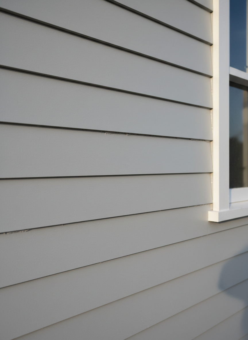 A detailed exterior close-up of weatherboard cladding on a coastal Western Australian home, painted in a durable low-sheen pale grey with crisp white trims. The boards are evenly coated with no visible brush marks, and the tiny gaps between boards are precisely sealed. Late afternoon sunlight rakes across the surface from the side, accentuating the linear texture of the boards and casting fine, clean shadows between them. A fragment of a neatly painted white window frame appears on the right edge, adding context. Photographic realism with a tight, horizontal composition highlights durability, weather resistance, and the professional finish of exterior painting in a coastal environment.